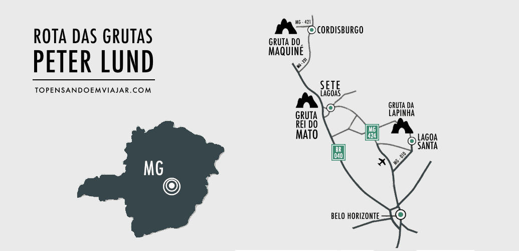 Mapa da Rota das Grutas Peter Lund, em Minas Gerais