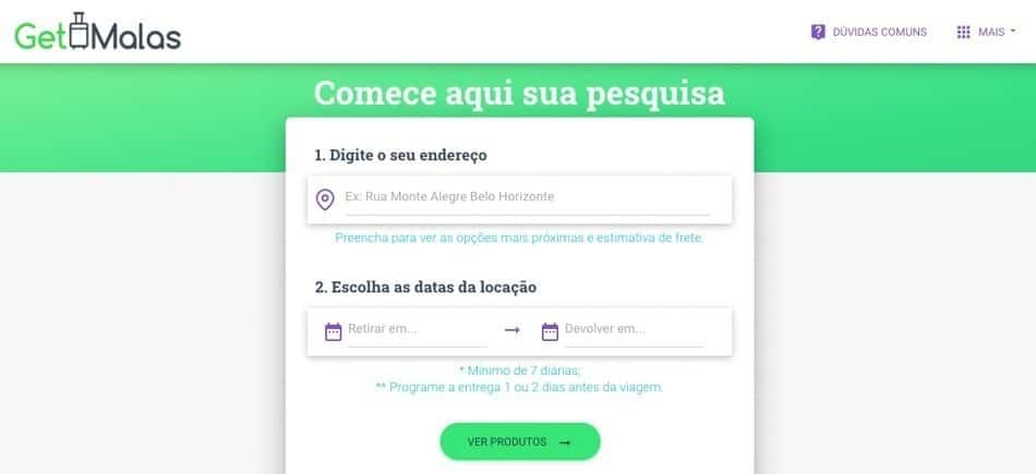 Aluguel de mala de viagem no site da GetMalas