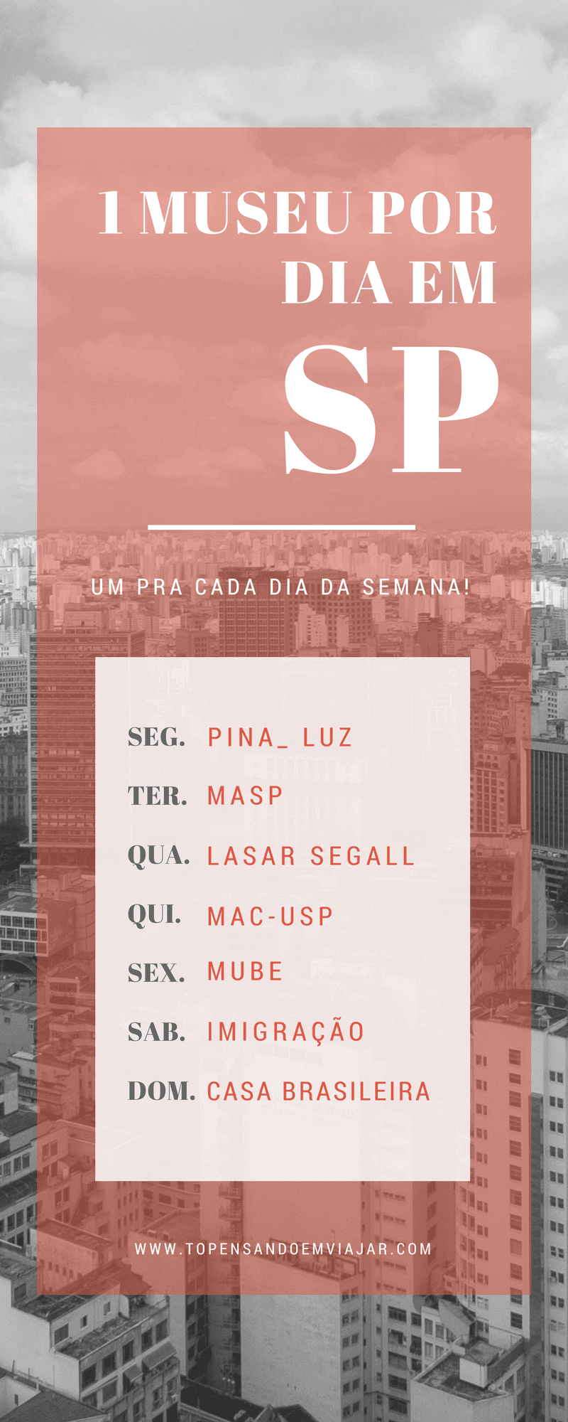 Tá pensando em viajar para SP?! Que tal conferir essa lista com um museu em SP por dia da semana! Diversão, cultura e arte pra todos os gostos e estilos!