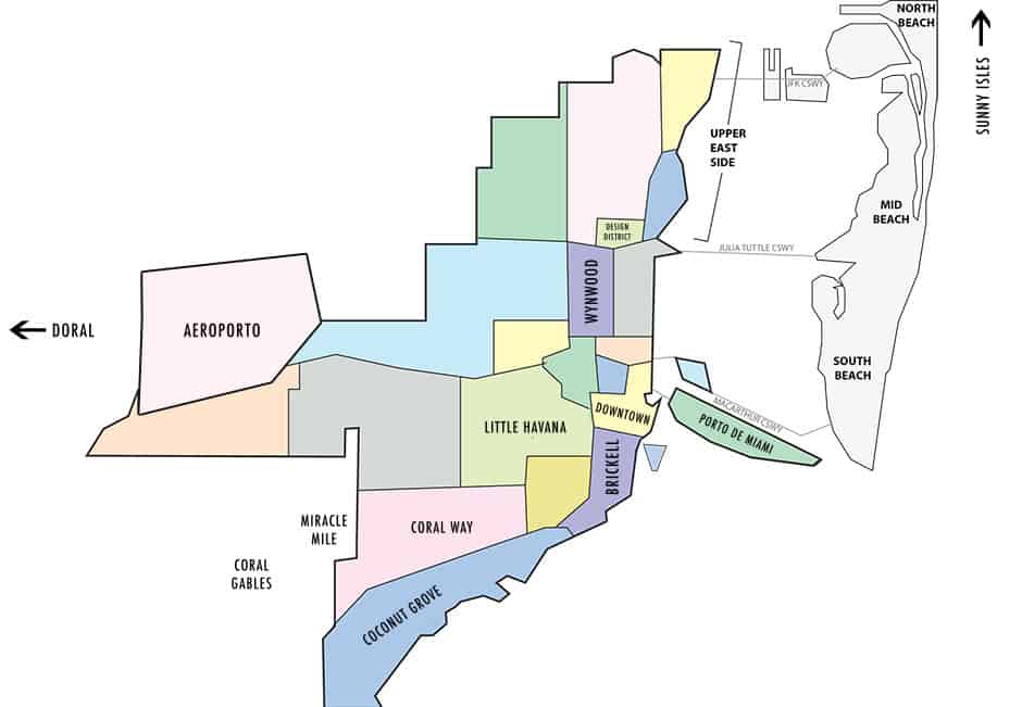 Mapa com as melhores regiões para se hospedar em Miami, na Flórida Dicas de onde ficar em Miami, na Flórida
