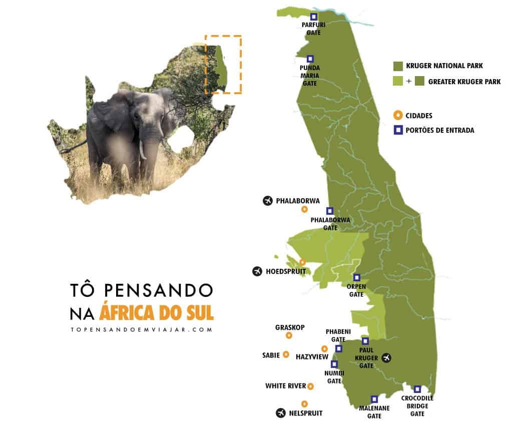 Mapa com as principais reservas privadas do Greater Kruger