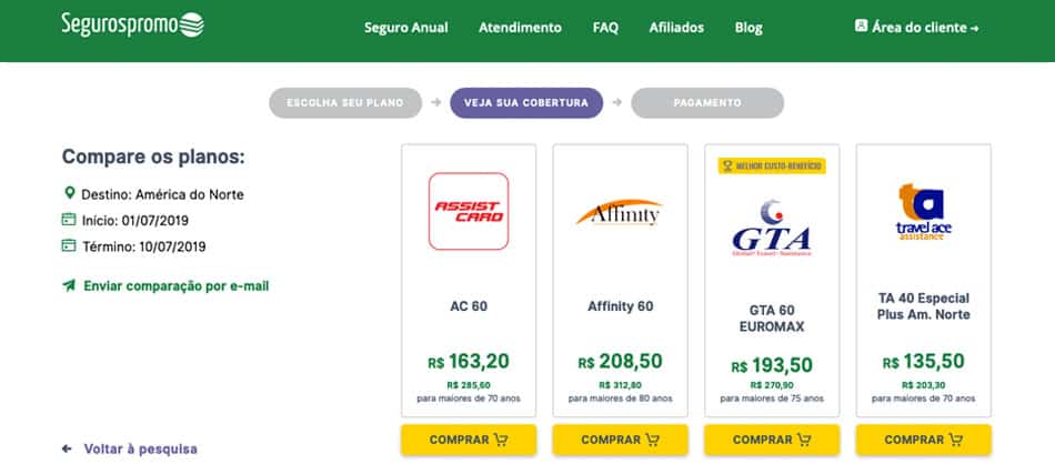 Comparativo de preços de seguro viagem no site da Seguros Promo