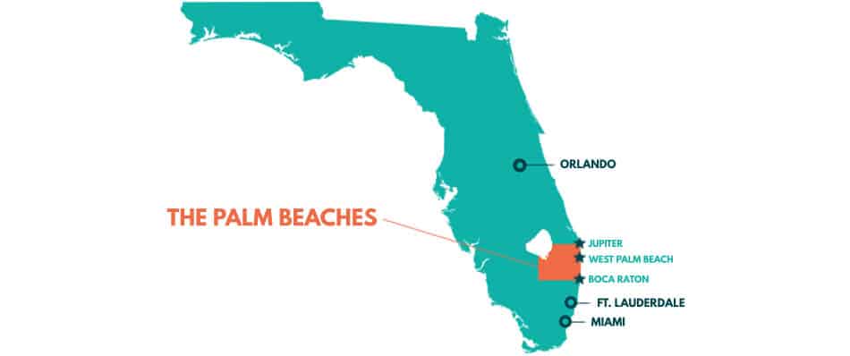 Mapa das cidades mais importantes de Palm Beaches e arredores