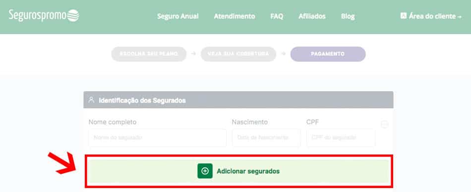 Adicionar segurado à comparação online de seguro viagem