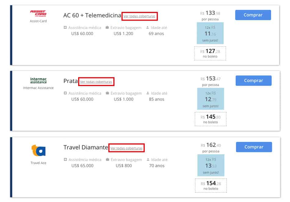 Comparador de planos de seguro viagem