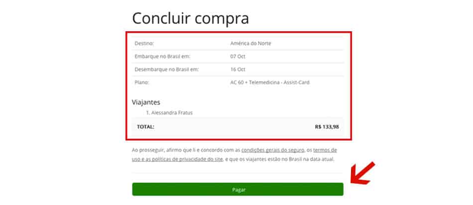 Concluir compra de seguro viagem online