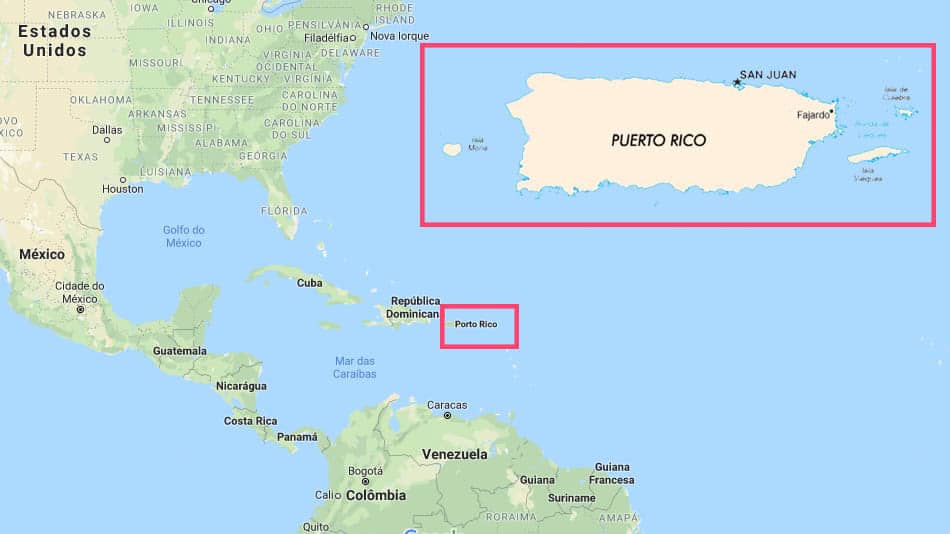 Mapa de Porto Rico, no Caribe