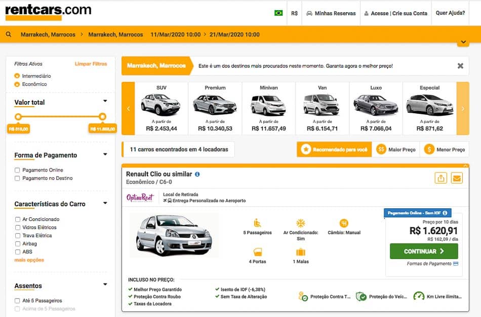 Comparador de preços de aluguel de carro no Marrocos