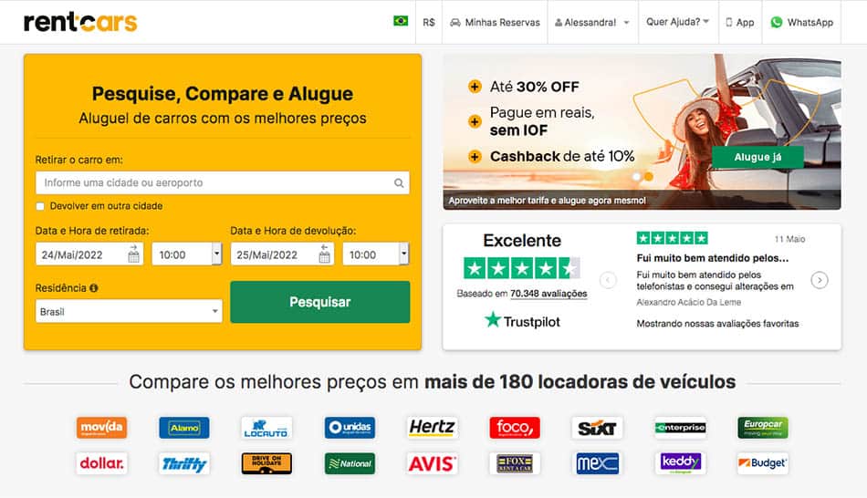 Rentcars é confiável? Tela inicial do site