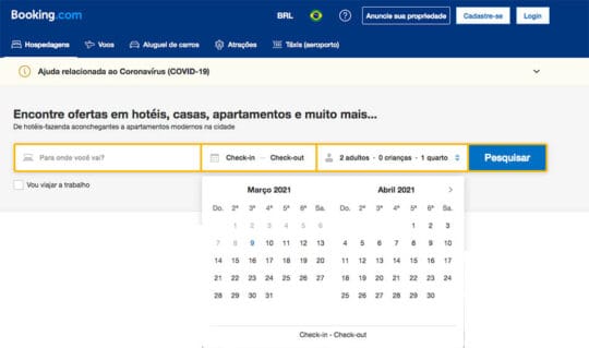 Tela inicial do site Booking.com