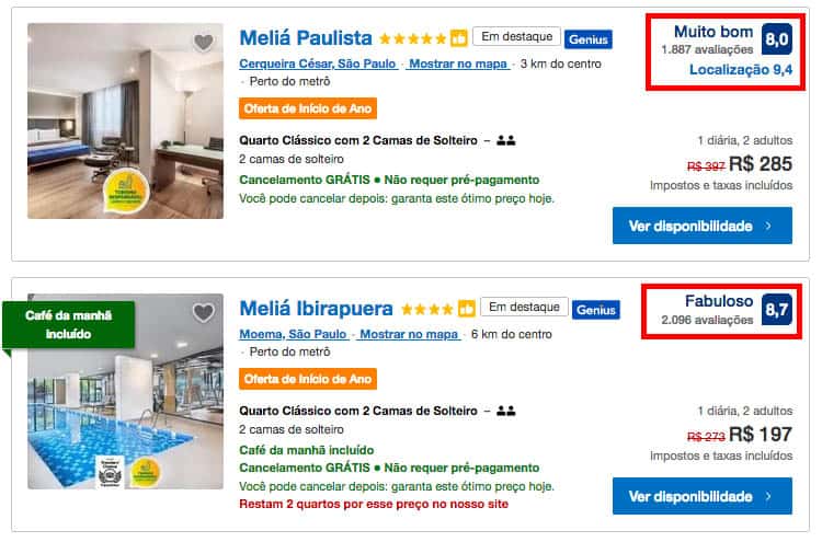 Avaliações e notas no Booking.com