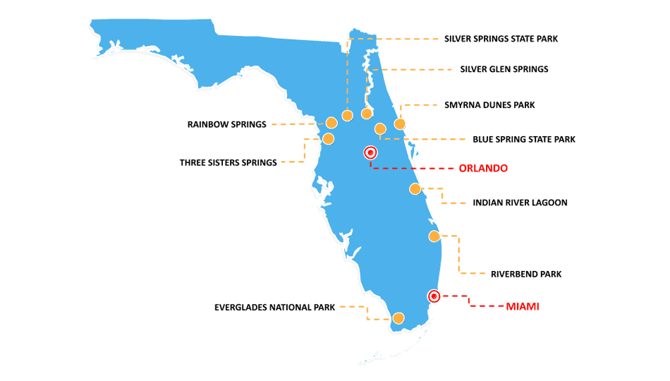 Mapa de 9 parques naturais da Flórida