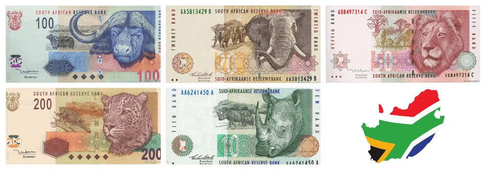 Os Big 5 nas notas de rand, moeda da África do Sul