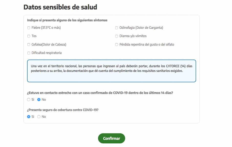 Dados de saúde na Declaração Jurada Argentina