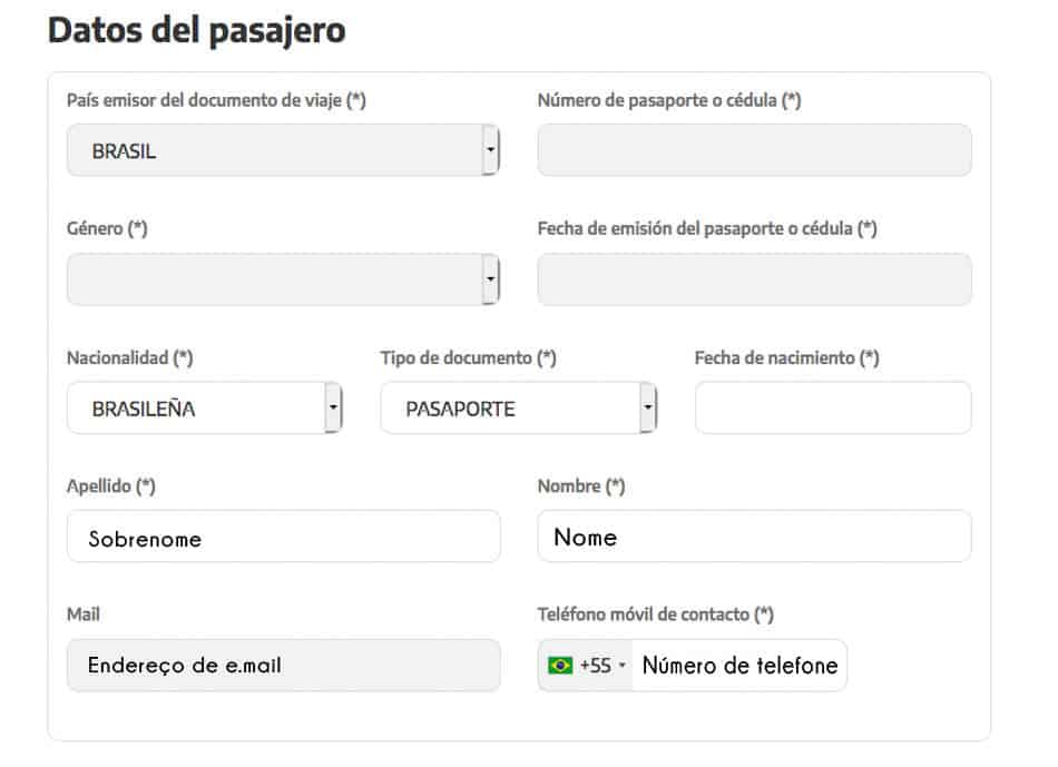 Dados do passageiro para emitir a DDJJ