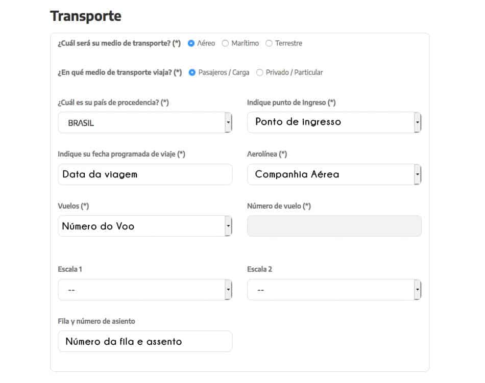 Como preencher o meio de transporte na Declaração Jurada Argentina