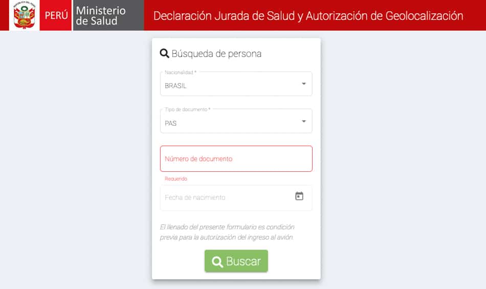 Declaração Juramentada de Saúde e Autorização de Geolocalização do Peru