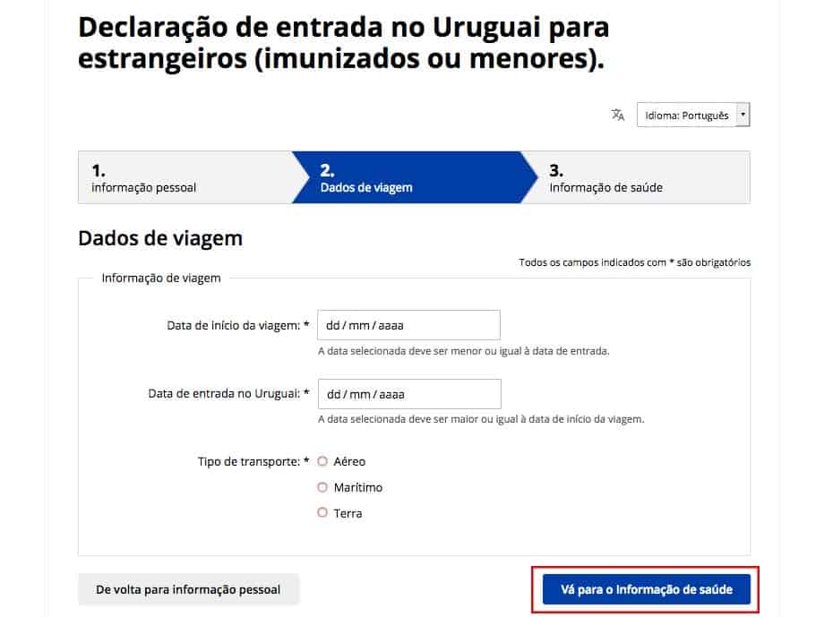 Preencher dados da viagem na Declaração Juramentada do Uruguai