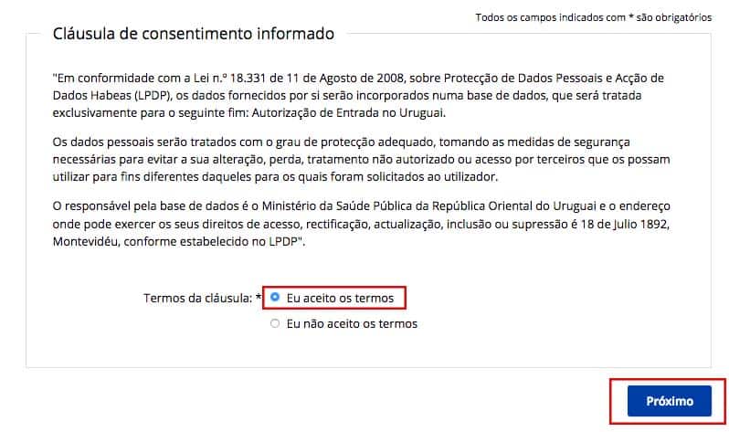 Termos da Declaração de Entrada no Uruguai para estrangeiros