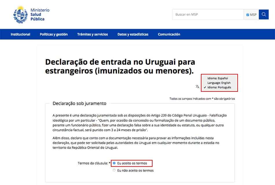 Idiomas para preencher a Declaração Juramentada de Saúde do Uruguai