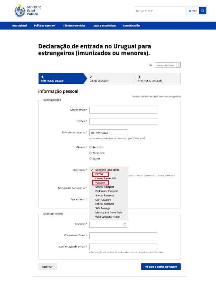 Inserir dados pessoais na Declaração Juramentada do Uruguai