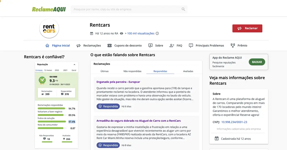 Análise do Reclame Aqui para saber se Rentcars é confiável