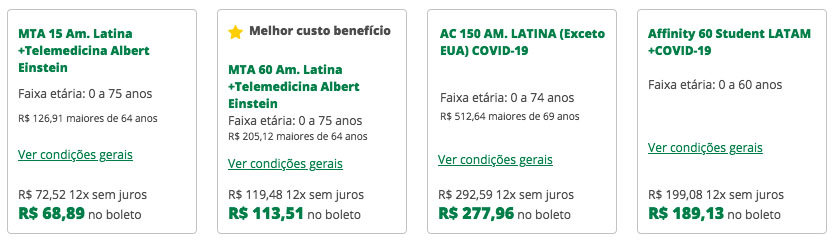 Tabela com valores de seguro viagem para Argentina em 2024