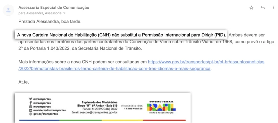 E.mail oficial atestando que a nova CNH não substitui a PID