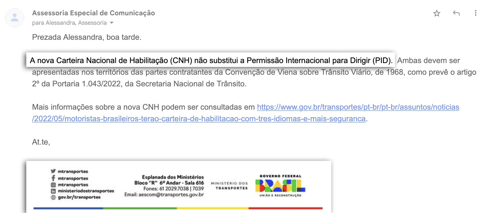 E.mail oficial atestando que a nova CNH não substitui a PID