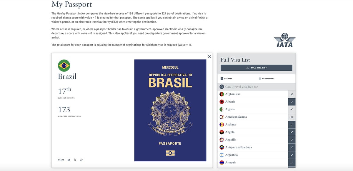 Posição do Brasil no ranking de passaportes mais poderosos do mundo