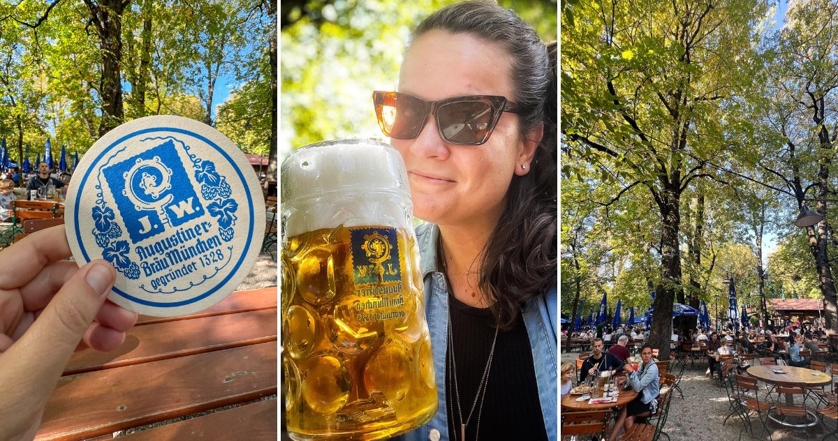 Caneca de cerveja Augustiner servida em biergarten tradicional da Baviera