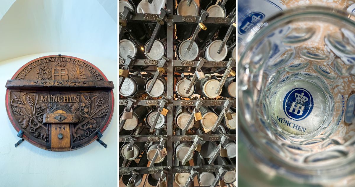 Compartimentos com canecas de clientes frequentes no Hofbräuhaus de Munique