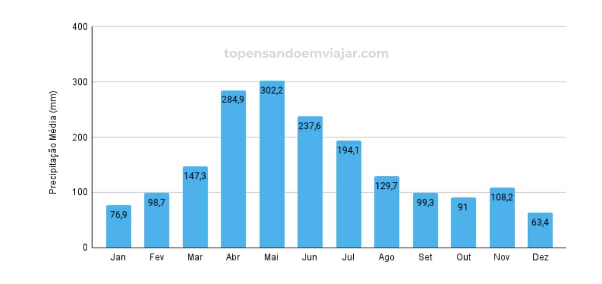 Gráfico de precipitação em Salvador em cada mês do ano