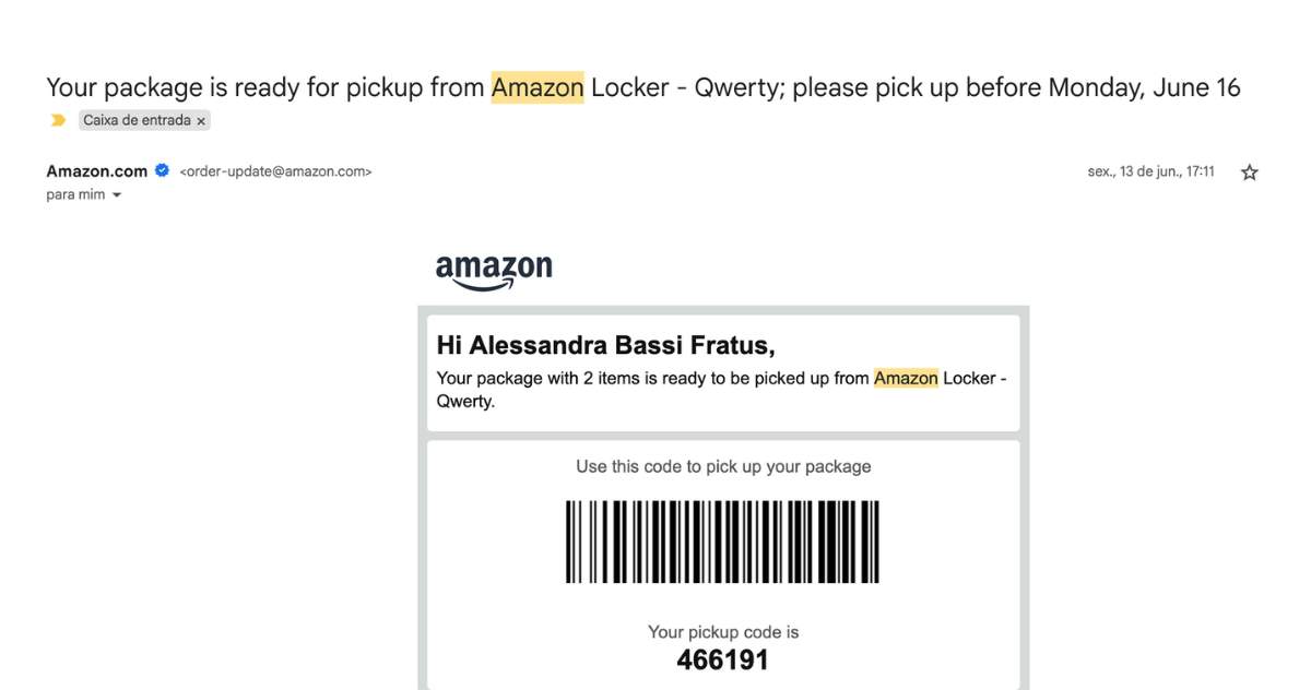 E-mail com confirmação de chegada de pacote no Amazon Locker