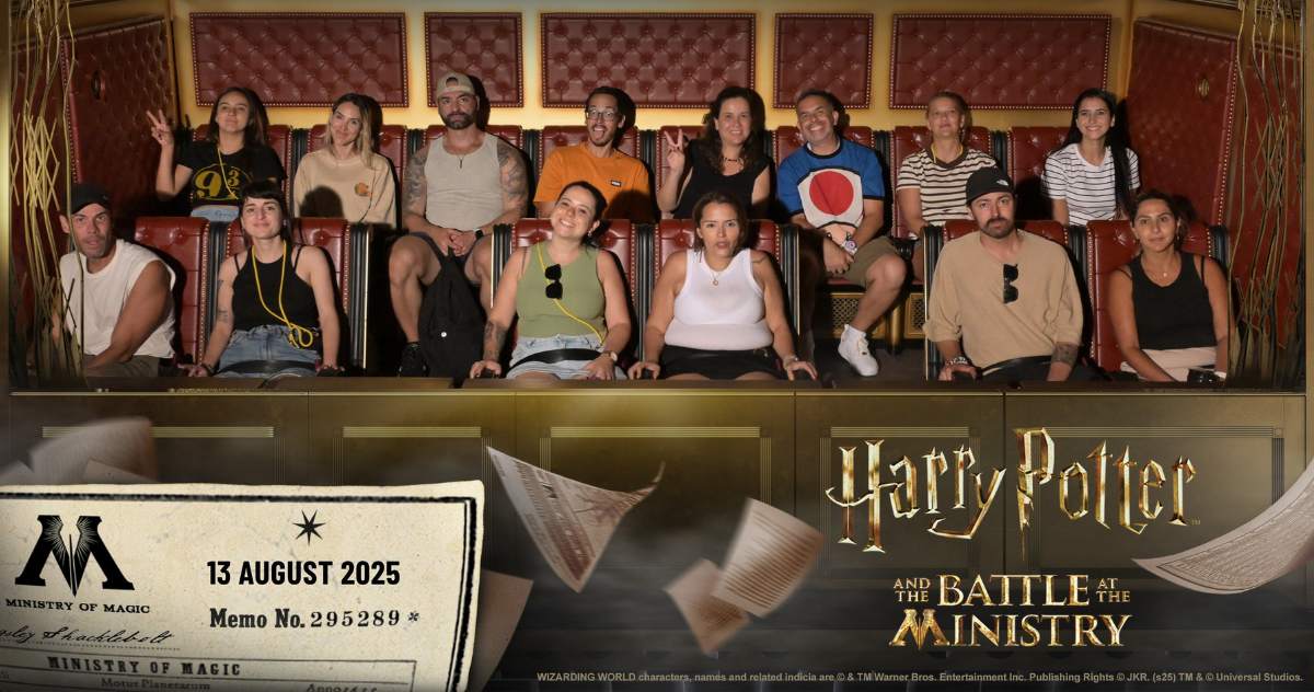 Fotografia na atração principal do The Wizarding World of Harry Potter™ — Ministry of Magic™, área do Epic Universe em Orlando
