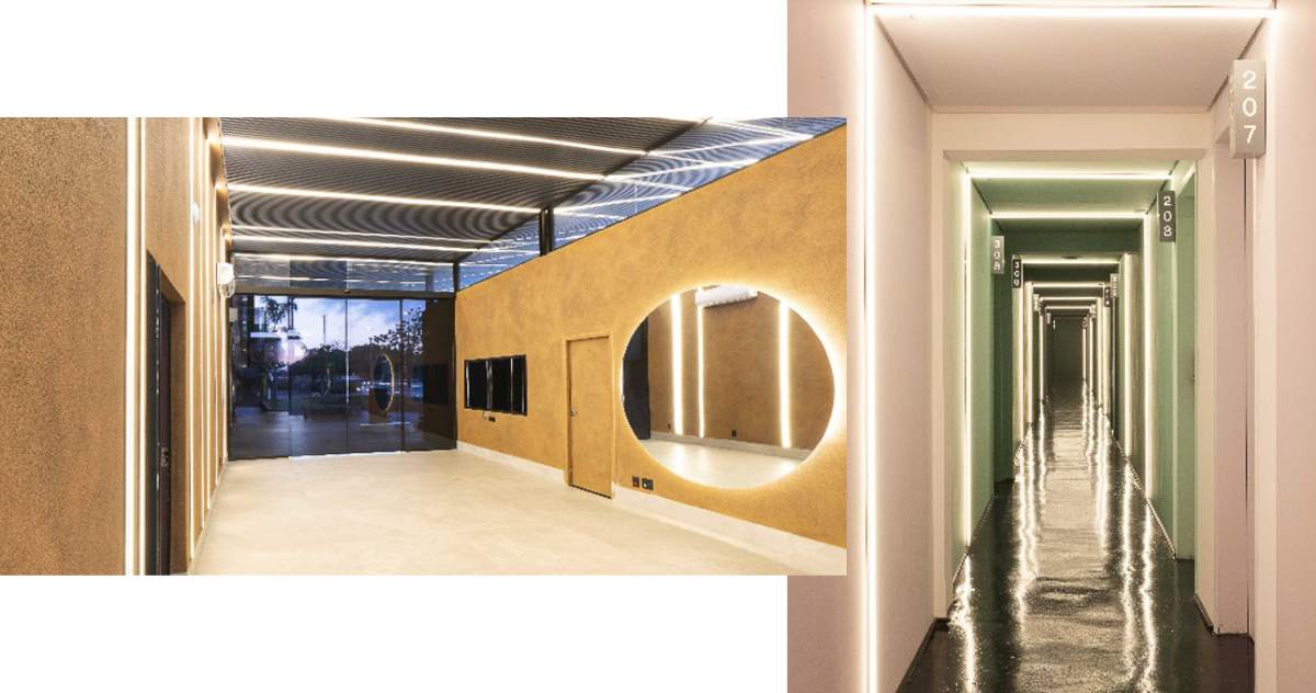 Lobby e corredores sociais no Lush Motel Lapa