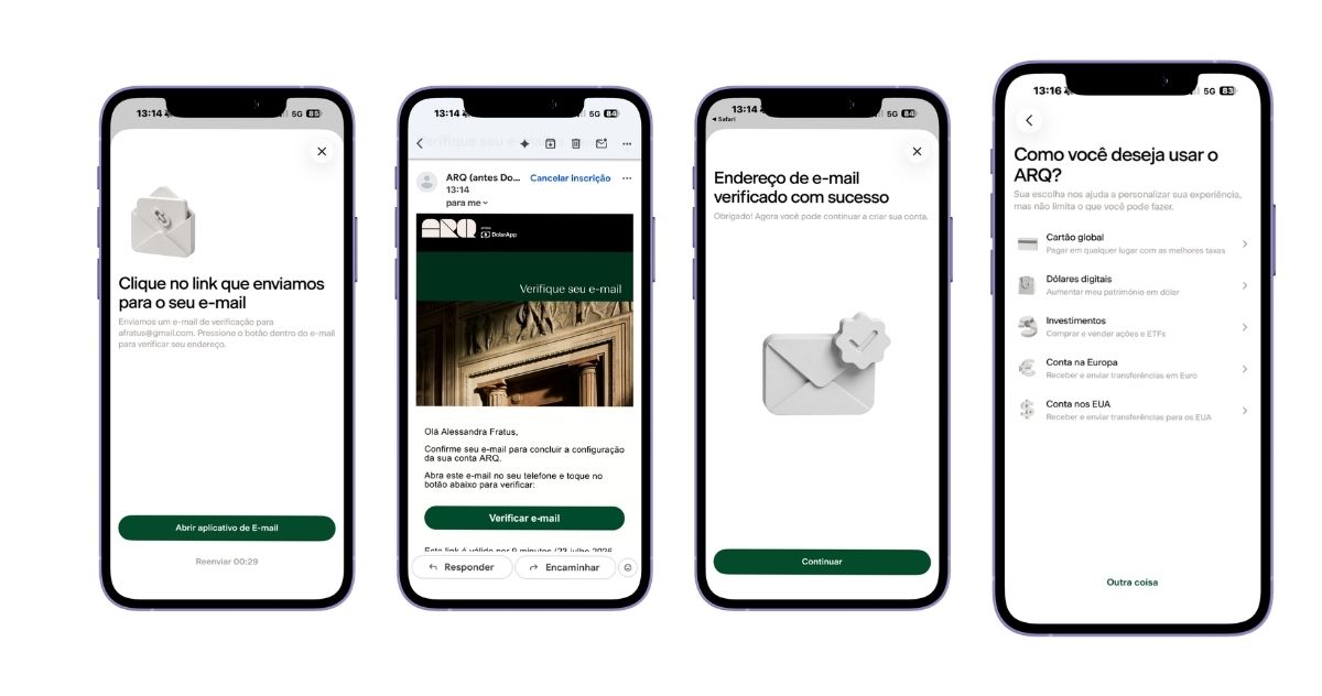 Confirme seu email para abrir uma conta ARQ